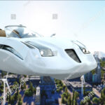 A rendering of a futuristic flying car hovering over a city.