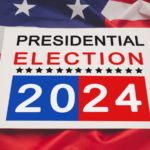 Politics and voting concept. Presidential election 2024 text on white paper over the American flag background